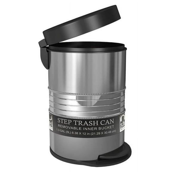 nu steel 5 Liter Round Small Metal Step Trash Can Wastebasket, Garbage Container Bin - for Bathroom, Powder Room, Bedroom, Kitchen, Craft Room, Office - Removable Liner Bucket -Shiny Steel STP-08