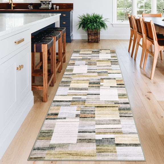 FairOnly Khaki 9'x12' Checkered Washable Area Rug for Living Room Retro-Modern Non Slip Stain Resistant Rug for Kitchen Bedroom Bathroom