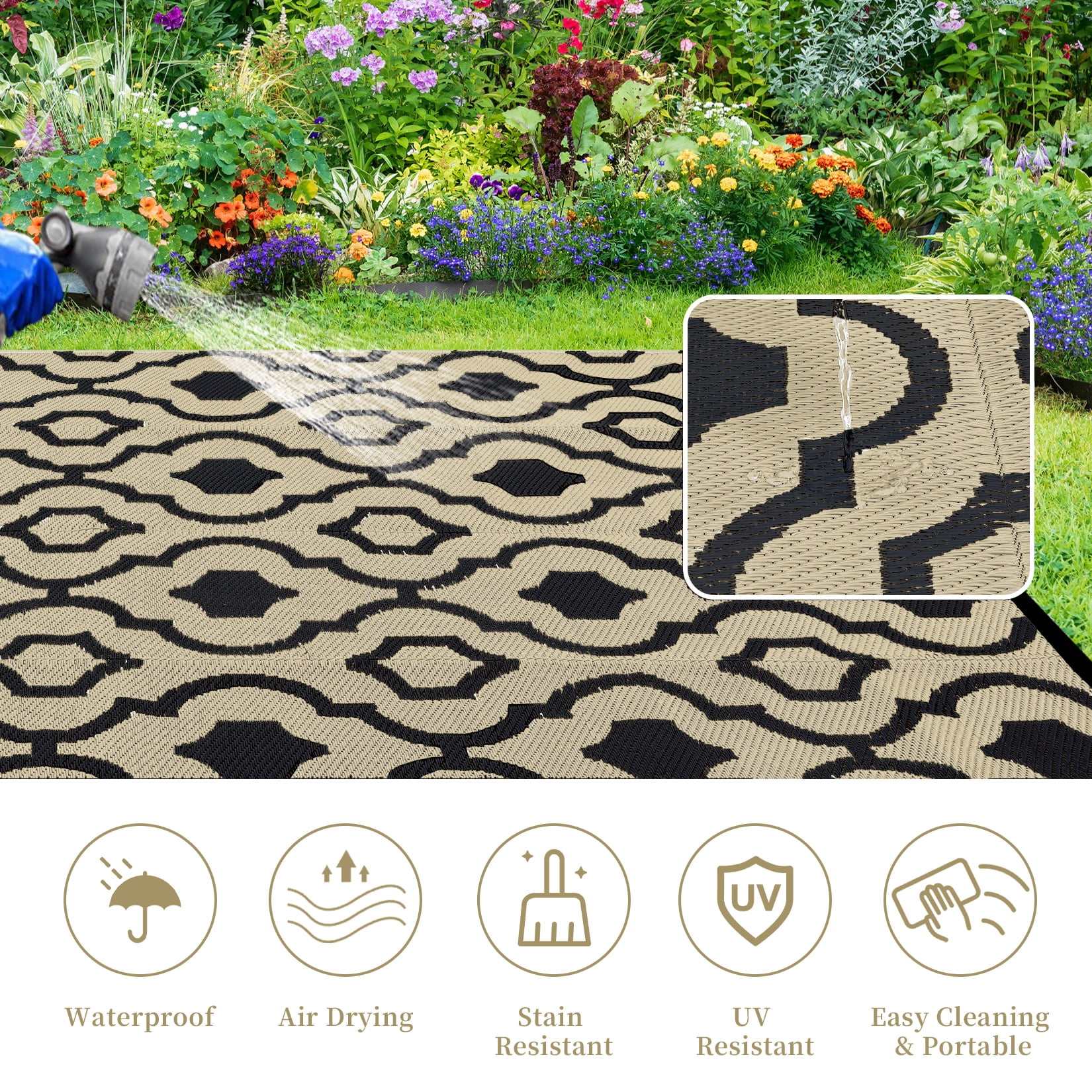 GlowSol 9'x12' Outdoor Rug Moroccan Style Plastic Straw Rug Waterproof Reversible Mat Outdoor Foldable Rug for Camping Patio Picnic, Black Coffee