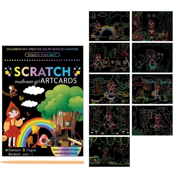 Magic Scratch Art Paper Set, 9 Sheets with Wooden Stylus for Creative Drawing, DIY Craft Kit for 4-8 Years, Rainbow Reveal Activity, Educational Art Supplies