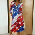 thumbnail image 2 of Women's 4th of July 250th Anniversary Artistic Pattern Dress 3/4 Sleeve Button Neck Midi Dress Loose Fit Casual Patriotic Independence Day USA Flag Soft Fabric Everyday Wear Red M, 2 of 4