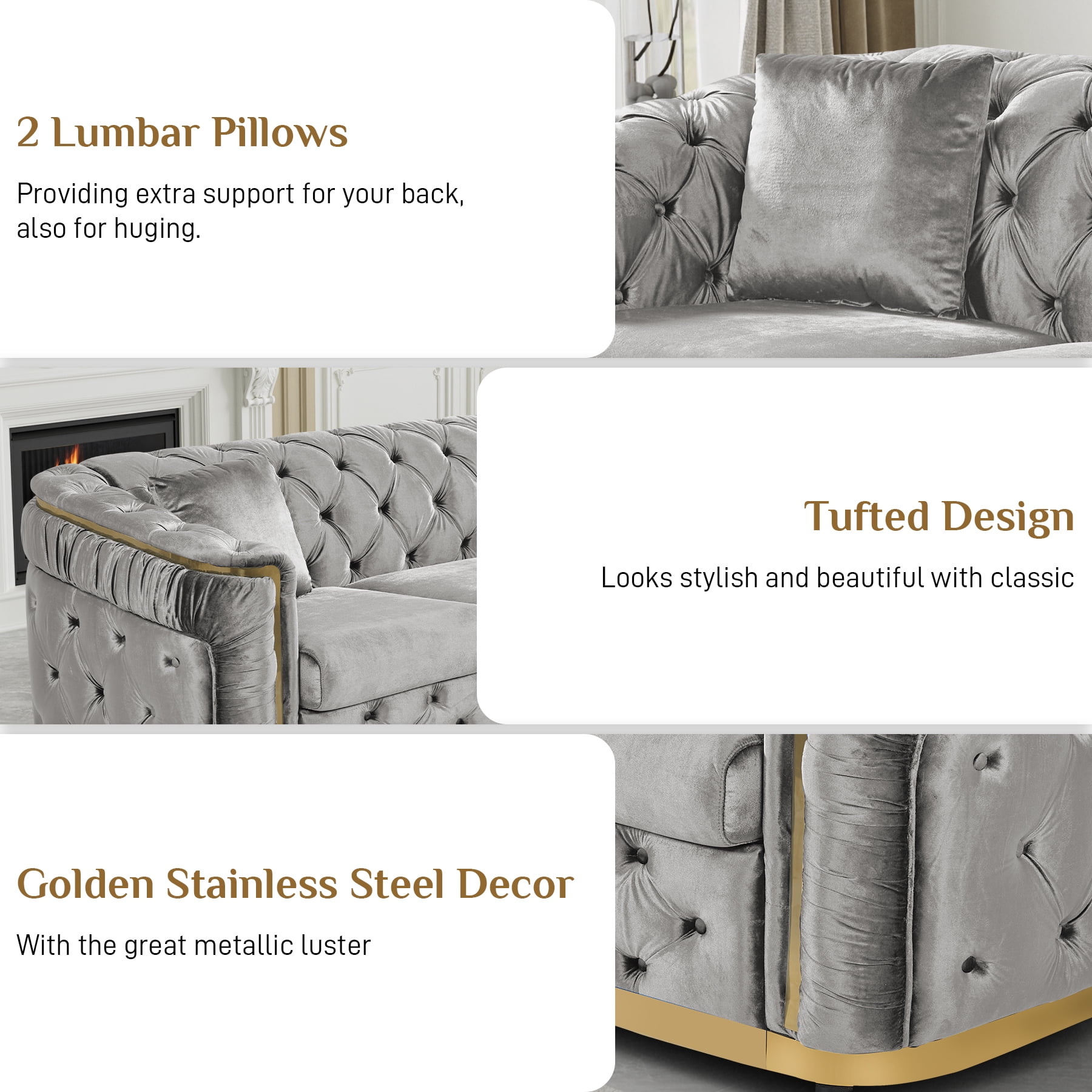 Wiilayok 62.6" Velvet Button Tufted Sofa, Mid-Century Classic Chesterfield Sofa Couch with Thick Backrest,Gold Stainless 2 Love Seat Couches for Living Room,Gray