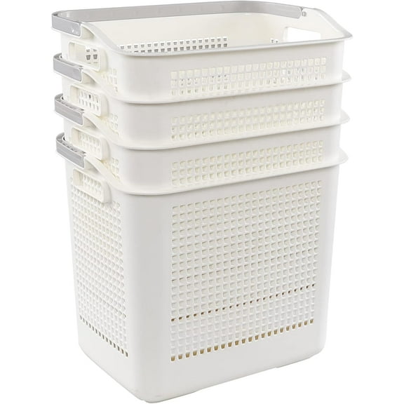 42 L Plastic Laundry Baskets with Handles, White Plastic Hamper for Clothes, 4 Packs