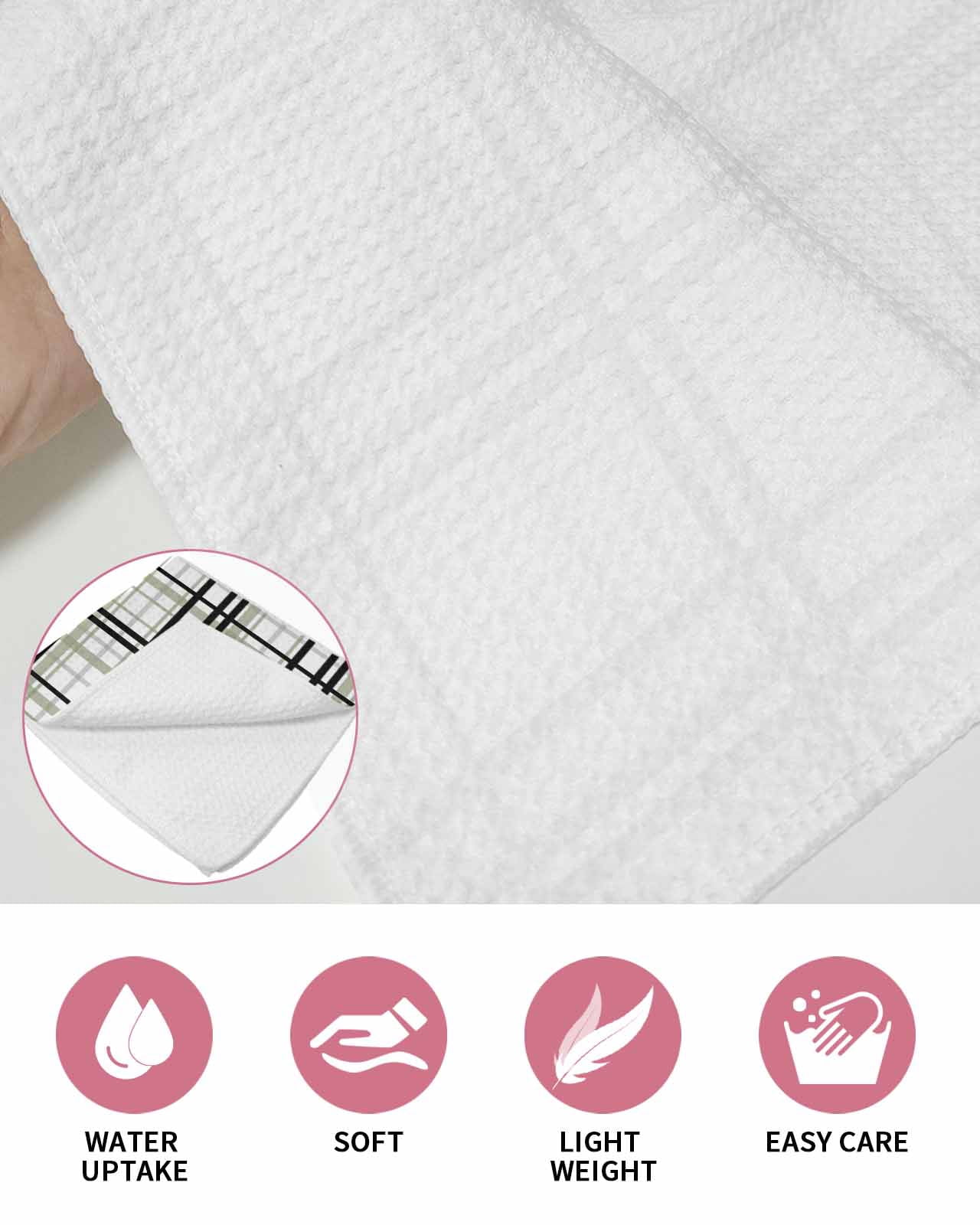 Sage Green Black Plaid Hand Towels Set,Waffle Weave Kitchen Towels 3 Pieces,Microfiber Hair Face Bath Tea Towel Absorbent Quick Drying Cleaning Dish Cloths,Farmhouse Green Black Checkered 15.7"x23.6"