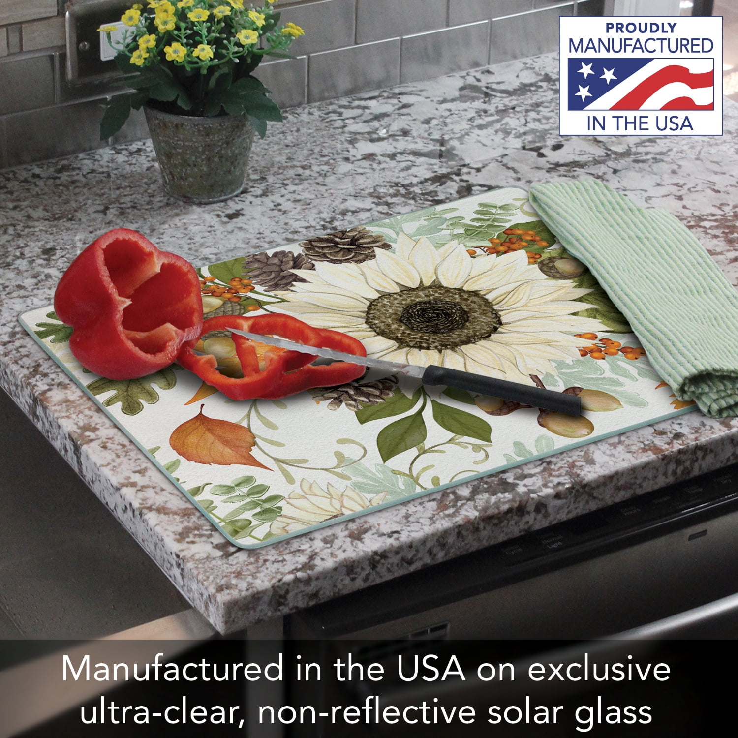 CounterArt Fall Leaves & Acorns 3mm Tempered Glass Cutting Board 15" by 12"