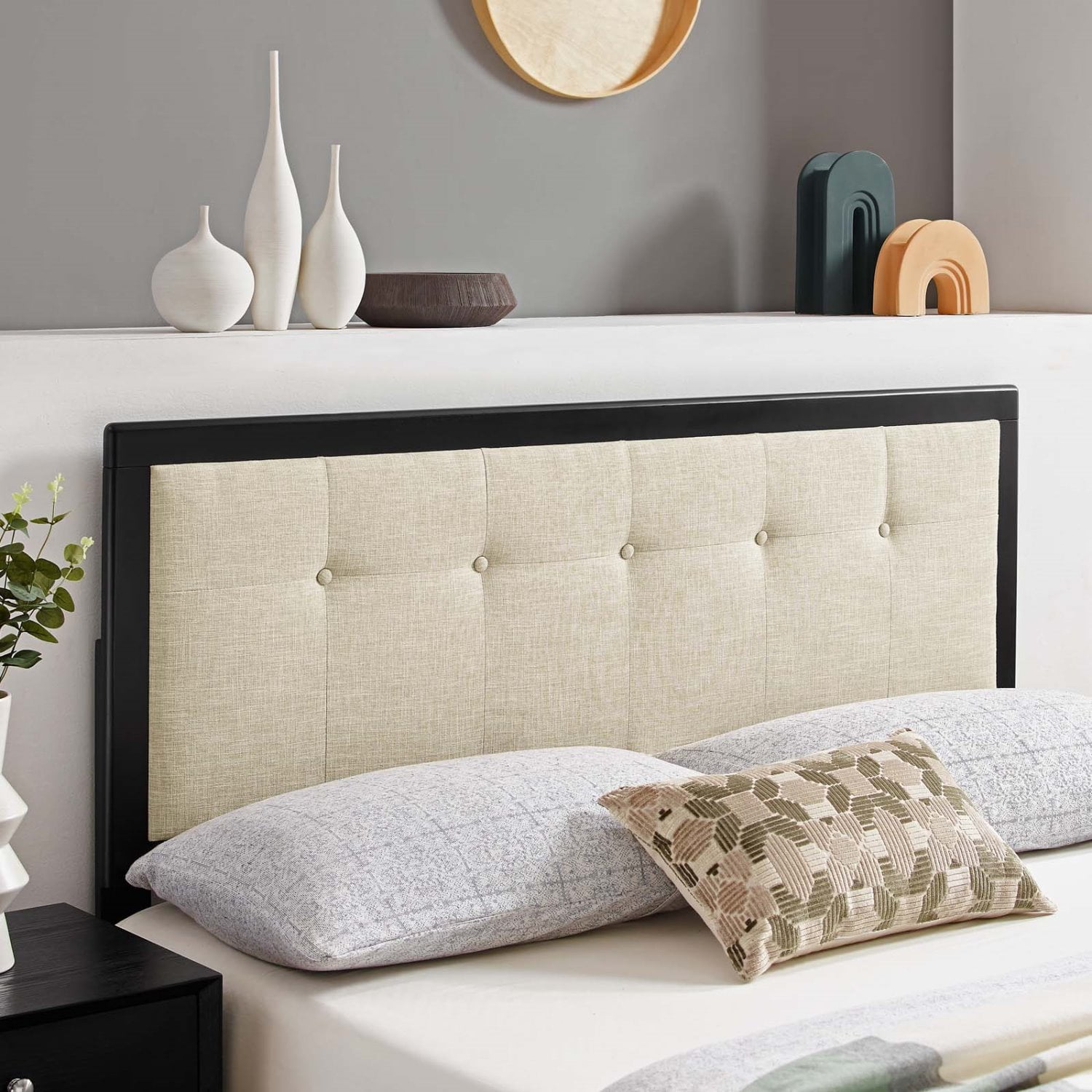 Tufted Headboard, Queen Size, Beige Black, Wood, Mid Century Bedroom, Modern Contemporary HB35155