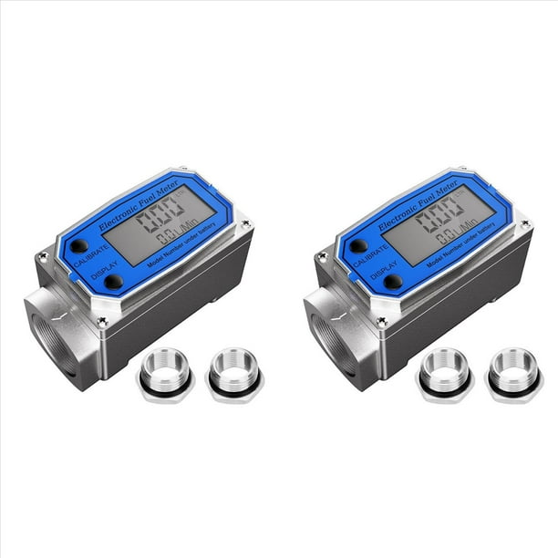 2Conjunto Medidor de Flujo de Combustible de 1 Pulgada con Adaptadores de 3/4 Pulgada, Medidor de Flujo de Turbina Digital de 2,5 A 31 GPM, con Rosca NPT en Línea
