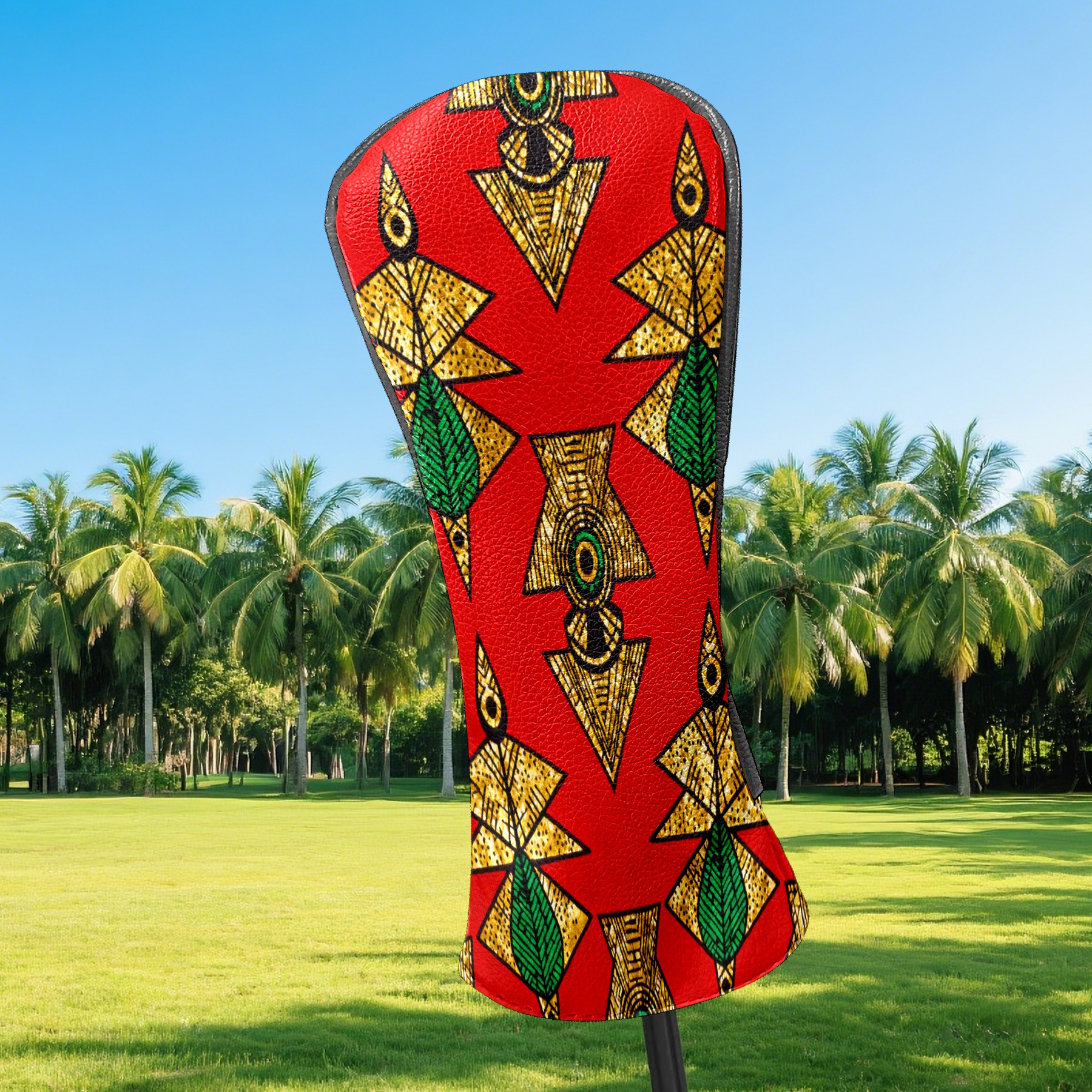 Golf Club Covers, Red GeometricEmblem Premium PU Leather Driver Hybrid Putter Head Covers with Velvet Lining, Waterproof Golf Gifts for Men Women