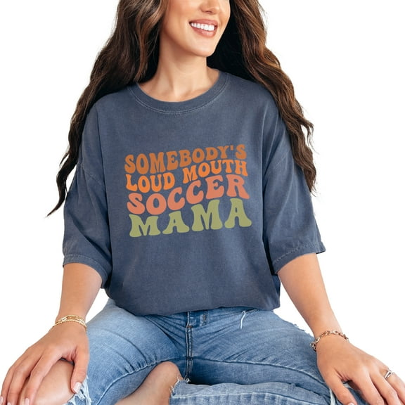 Somebody's Loud Mouth Soccer Mama, Mom of a Player Themed, Groovy Retro Wavy Text, Denim Comfort Colors T-Shirt, Small