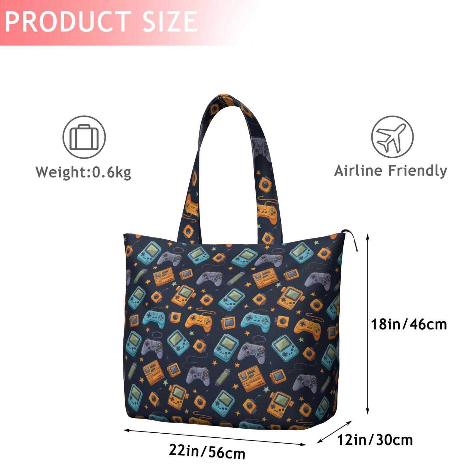 Retro Consoles Games Icons Blue Pattern Travel Tote Bags for Women Carry On,Large Weekender Bags for Women Travel,Multi Functional Duffle Bag for Work,Shopping,Sports