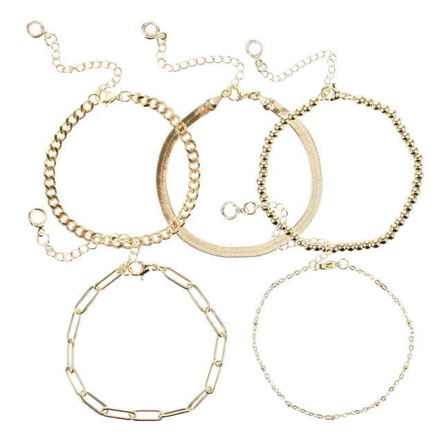Juego de 5 pulseras de acero de titanio para mujeres y niñas, pulsera de cadena chapada en oro de moda.