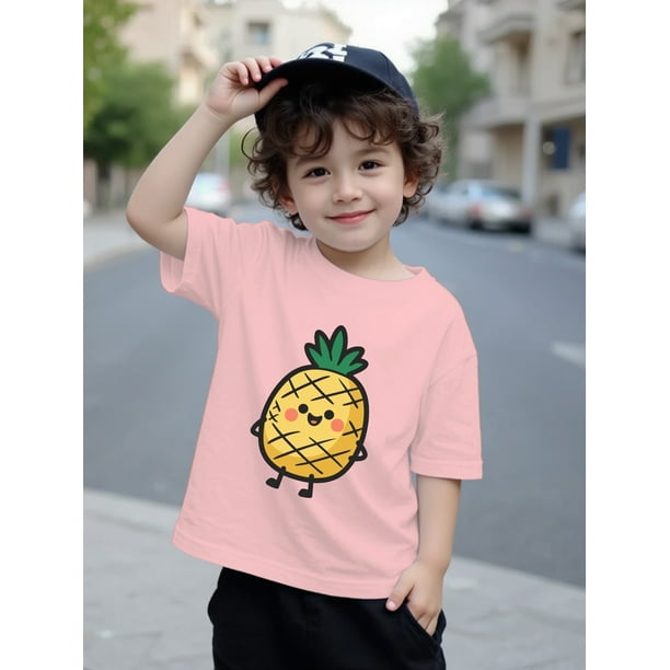 Camiseta con estampado de piña para niño: adorable estampado de dibujos animados, manga corta, cuello redondo, top informal de verano para niños, algodón suave, cuello redondo, corte estándar.