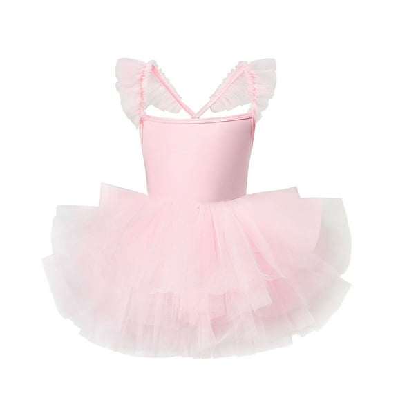 Kiijoy Girls Ballet Dance Mesh Dress Flutter Strap Leotard Ballet Tutu Skirt, Sizes 3-10