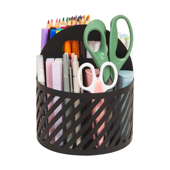 Mind Reader Round Metal Desktop Carousel Organizer with Handle, Four Compartments, Office Supplies and Accessories, Metal, Black