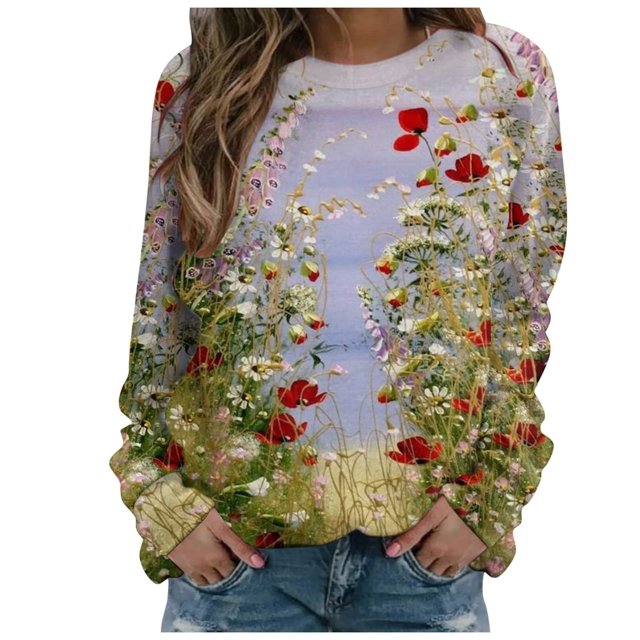 Pompotops Femmes Casual Imprimé Col Rond Pull Manches Longues Sweats Blouse T-shirt Tops