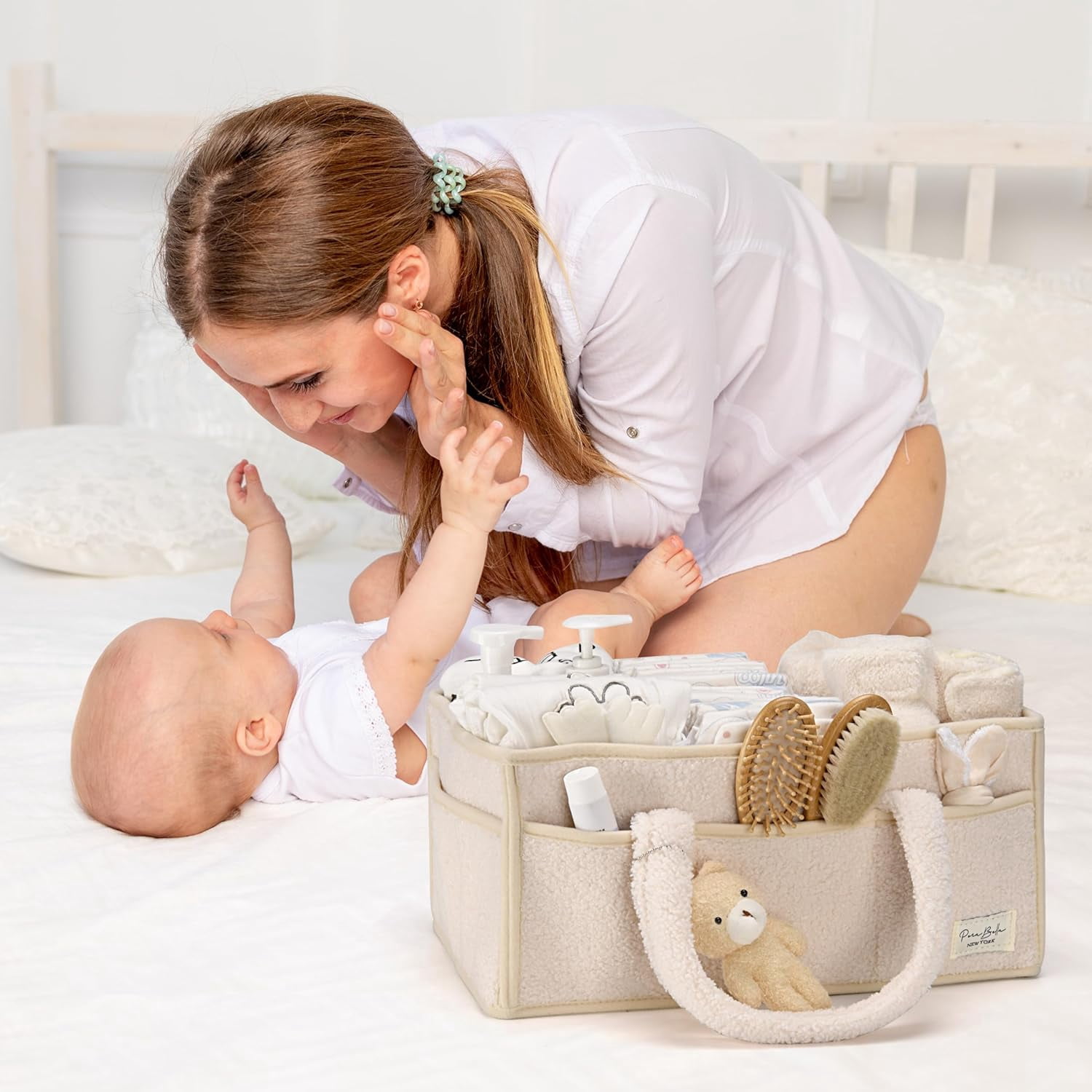 Baby Diaper Caddy Organizer for Changing Table Baby Storage Basket for Diapers and Baby Wipes Gift for Baby Shower Nursery Diaper Organizer(Ivory)