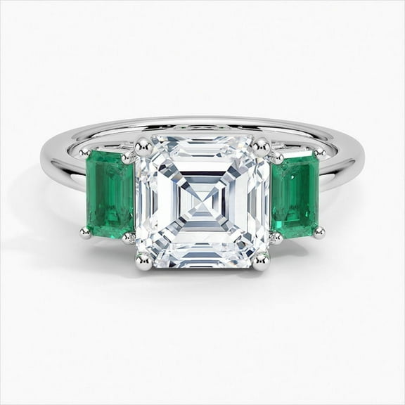 Empire Jewel Asscher Cut 1.7 Ct Lab Created Diamond Ring - 14K White Gold Plated Emerald Accent Wedding Band - Engagement Jewelry for Her