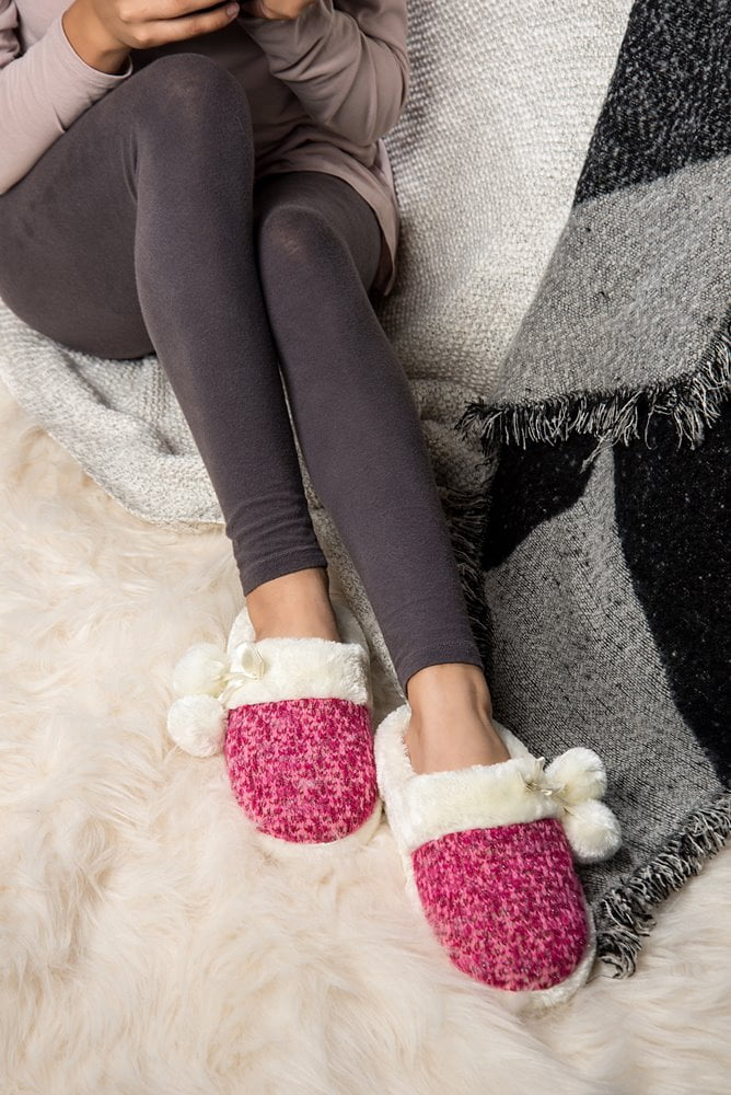 Women’s Pearly Pom Indoor Slip-On Slippers – Plush Knit Cozy House Shoes with Non-Slip Sole