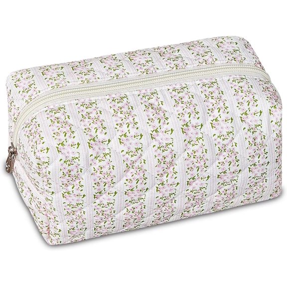 Pakyozj Quilted Makeup Pouch,Cotton Puffy Makeup Bag, Coquette Cosmetic Bag for Women and Girls, Aesthetic Organizer Bag, Cute Flower Travel Toiletry Bag
