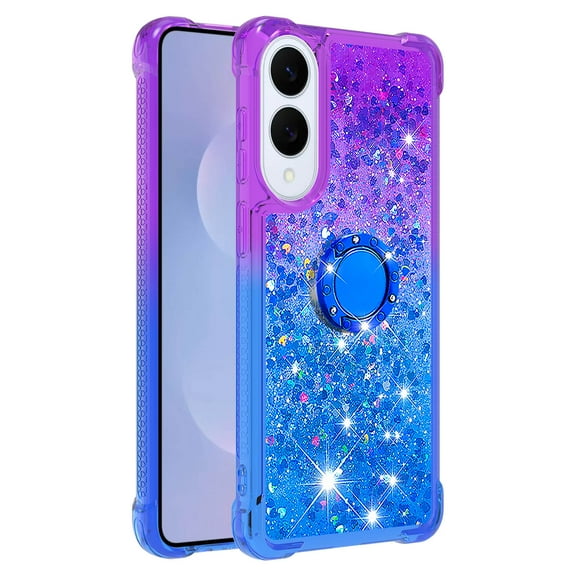 Phone Case for Samsung Galaxy S25 Edge with Ring Kickstand, Cute Glitter Bling Sparkle Quicksand Flowing Liquid Clear Gel Silicone ShockProof Phone Cover Girls-B4