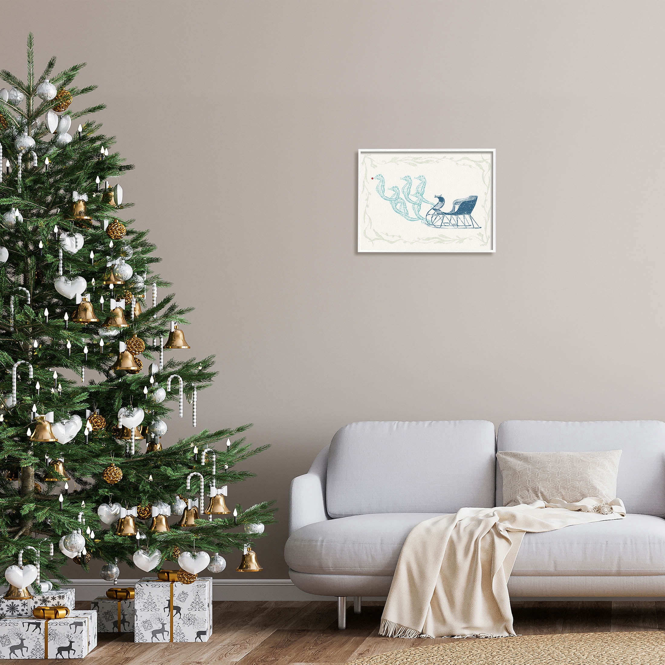 Seahorse Santa Sled Nautical Christmas Holiday Graphic Art White Framed Art Print Wall Art