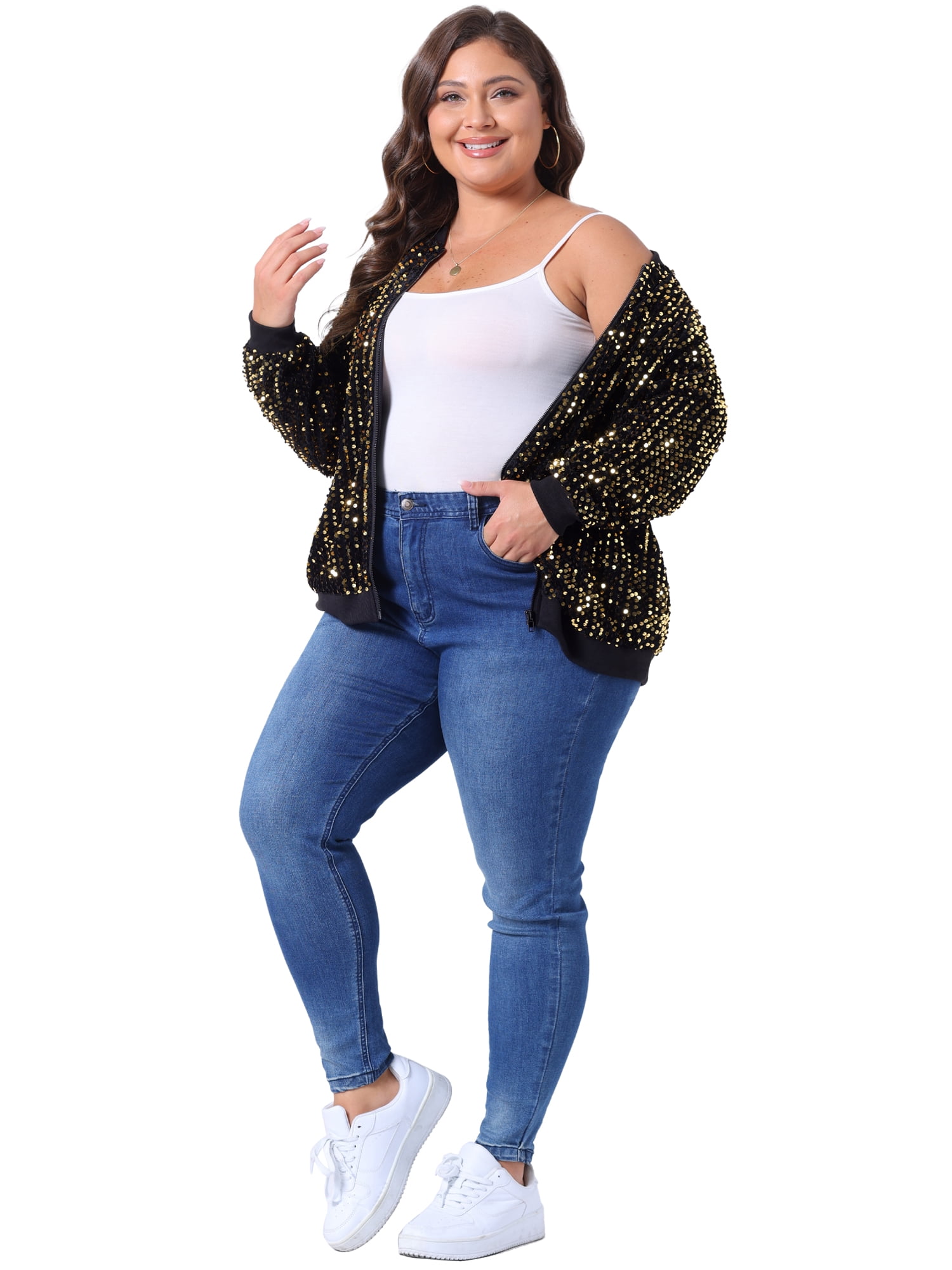 DARING DIVA Plus Size Sequin Sparkle Long Sleeve Front Zip Bomber Jacket 2X Gold