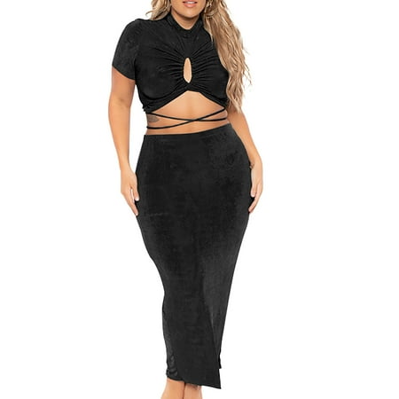 

Women s Hollow Dresses Block Color Round Neck Casual Summer Turtleneck Dress Short Sleeve Drawstring Two-piece Pleated Pluse Size Slim Suit Dress