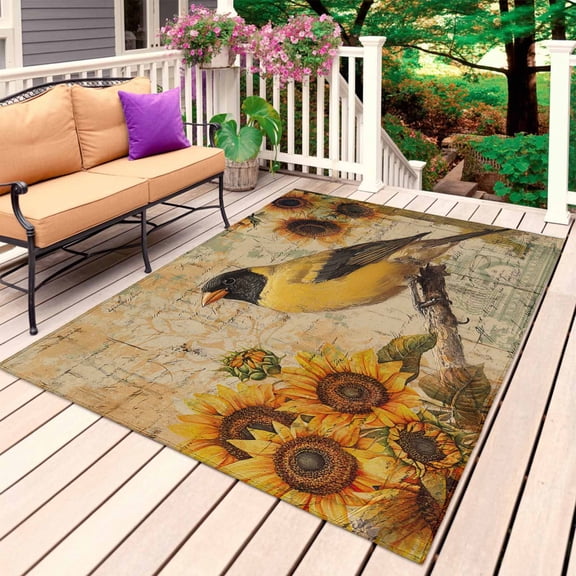 Sunflower Birds Outdoor Rug for Patio/Deck/Porch, Non-Slip Large Area Rug 5 x 8 Ft, Vintage Farmhouse Botanical Indoor Outdoor Rugs Washable Area Rugs, Reversible Camping Rug Carpet Runner