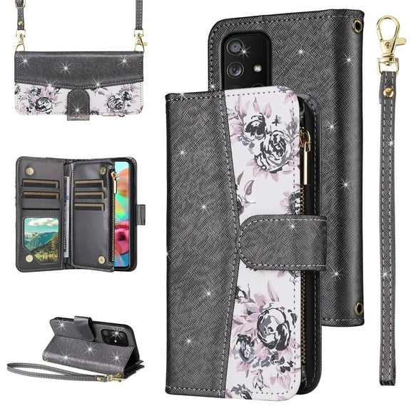 Furiet for Samsung Galaxy A51 4G Floral Wallet Case with Flip Zipper Purse Wrist Strap Shoulder Strap Luxury Glitter PU Leather Card Holder Stand Cell Phone Cover for A 51 M40S 51A A515F S51 Black