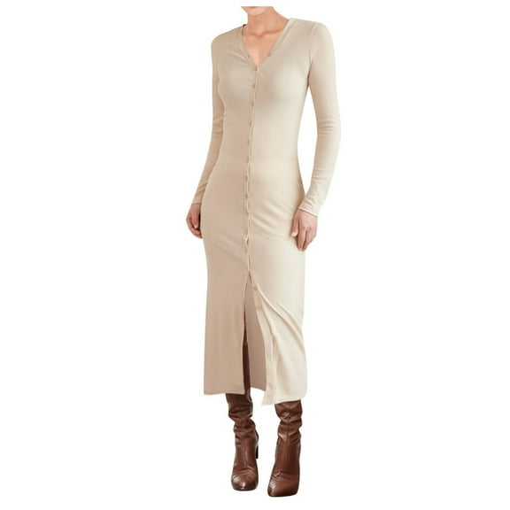 Ediodpoh Sweater Dress Womens Ribbed Knit Tea Length Casual Comfortable Everyday Wear White S