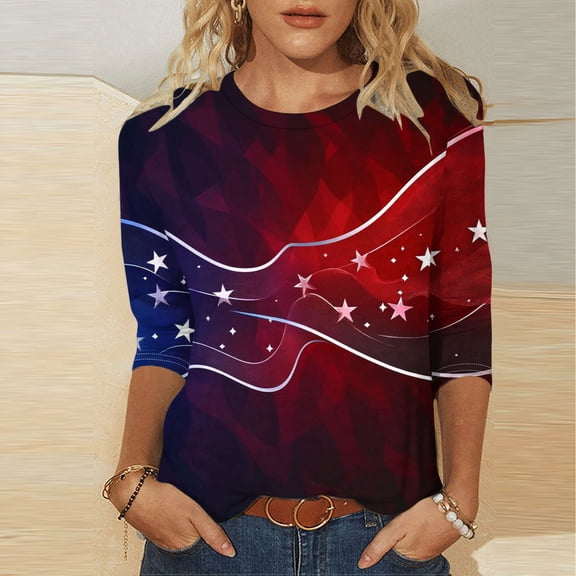 CLOISE Womens Dressy Blouses 3/4 Sleeve American Flag Plus Size Red White Blue Tops Crewneck Holiday USA Themed Pullover Loose Patriotic Outfits