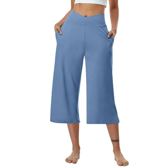 Simua Wide Leg Capri Pants for Women Solid Elastic Waist Casual Stretchy Cropped Pants with Pcokets