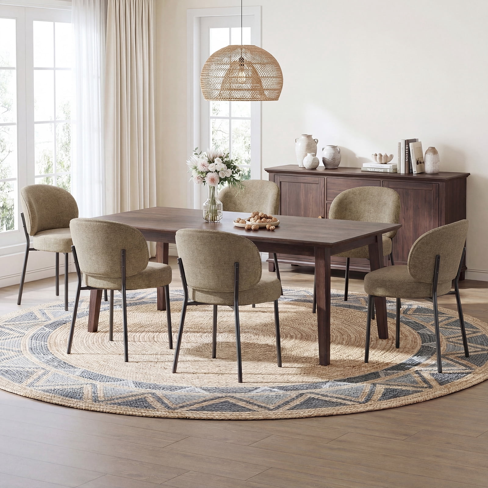 Set of 6 Upholstered Modern Dining Chairs, Mid Century Kitchen Chairs with Curved Backrest and Metal Legs for Dining Room, Living Room, Camel