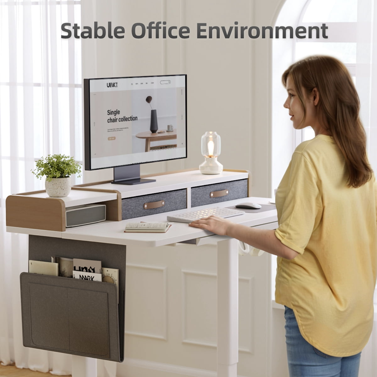 INNOVAR Standing Desk with 3 Storage Drawers, Adjustable Height Electric Stand up Computer Desks W/Outlets & USB Charging Ports,Sit to Stand Table Desk for Home Office Work Station,White