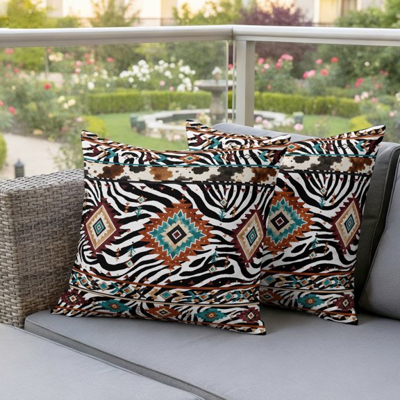 Black White Boho Outdoor Waterproof Throw Pillow Covers 16x16 Set of 2, Teal Beige Ethnic Tribe Decorative Pillowcases Cushion Pillowcase for Couch Sofa Patio Outside Pillow Protector