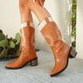 thumbnail image 3 of Embroidery Knee High Cowboy Boots Women Stacked Heel Splice Leather Wide Calf Pull on Long Cowgirl Booties, 3 of 7
