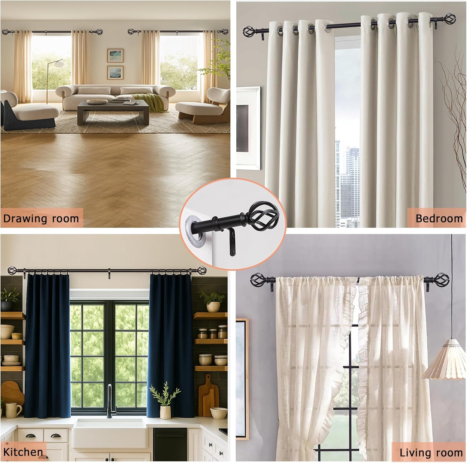 AllWays Plaza Black Curtain Rods 18 to 144 Inches, 1 Inch Modern Drapery Rods, Adjustable Heavy Duty Curtain Rod, with Twisted Cage Finial for Home & Office (18"-48"Black)