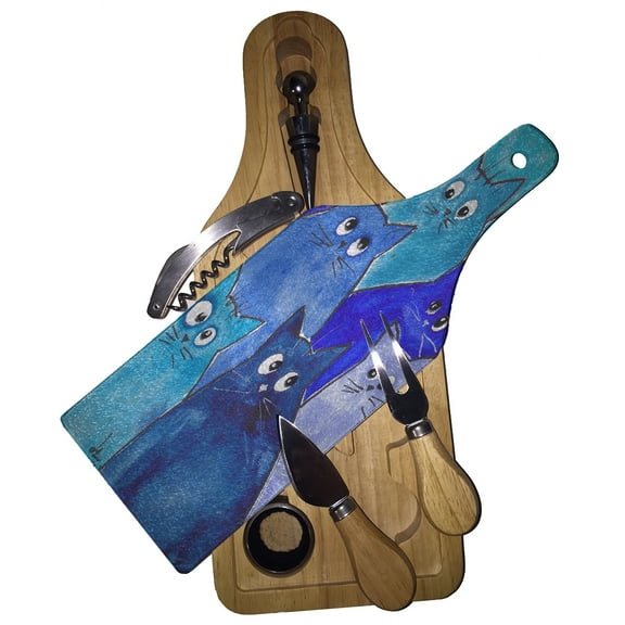KuzmarK Wine & Cheese Glass Cutting Board Wood Box Gift Set - Whacky Blue Kitties Abstract Cat Art by Denise Every