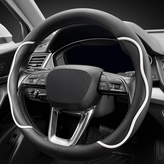 Nappa Leather Steering Wheel Cover. Stylish Striped Design, fit for 14.5-15-inch Steering Wheels, Slip-Resistant and Breathable, Protects the Steering Wheel.