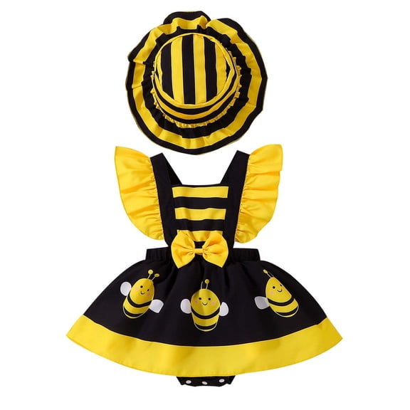 Tisuna Baby Girls Summer Romper Dress Cartoon Bee Print Short Sleeve Square Neck Jumpsuit With Hat Fashion Comfortable Infant Girls Festival Party Bodysuit Yellow Size 9-12 Months