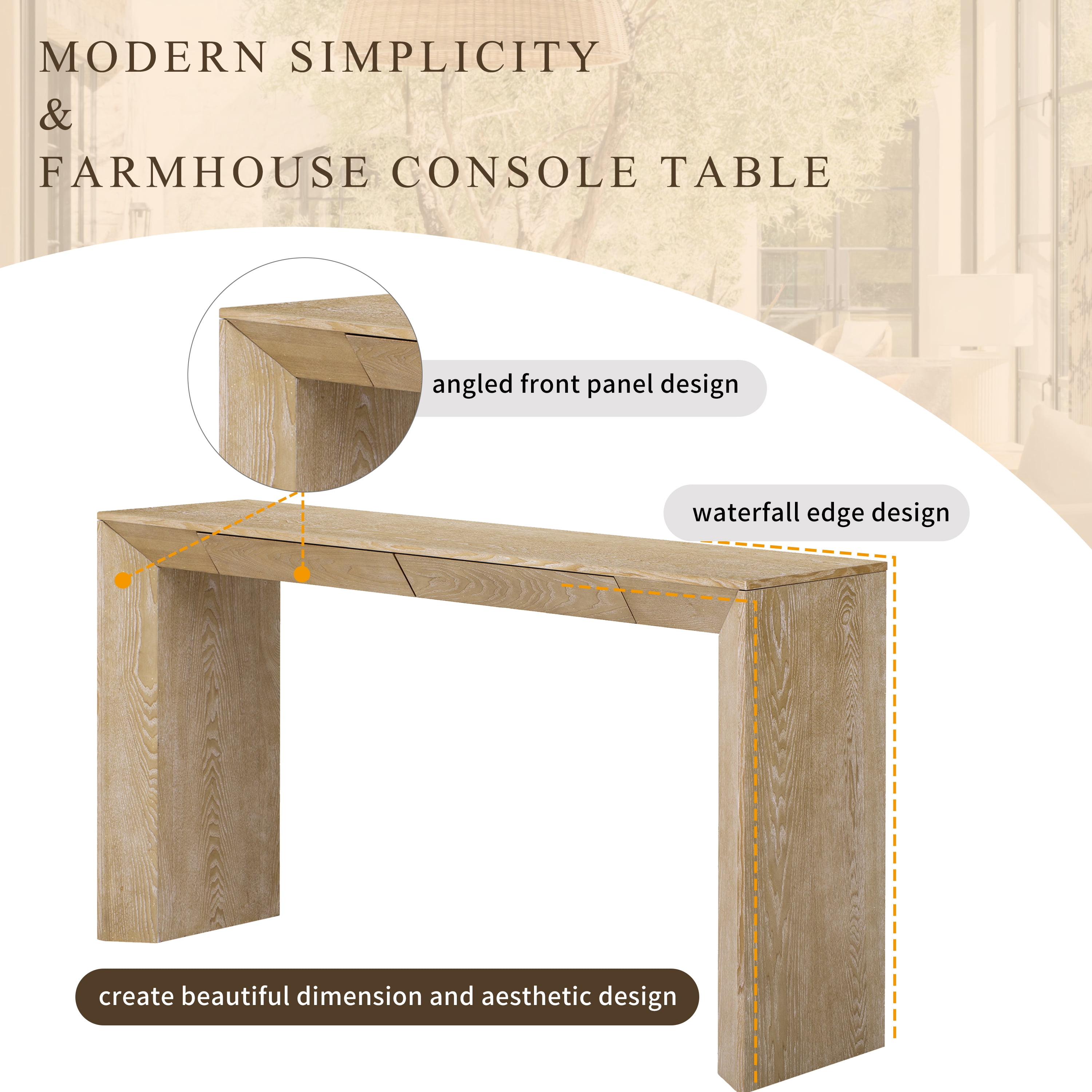 EUROCO 60" Modern Console Table with 2 Concealed Drawers, Entryway Table with Waterfall Design for Living Room, Entryway & Hallway,Natural
