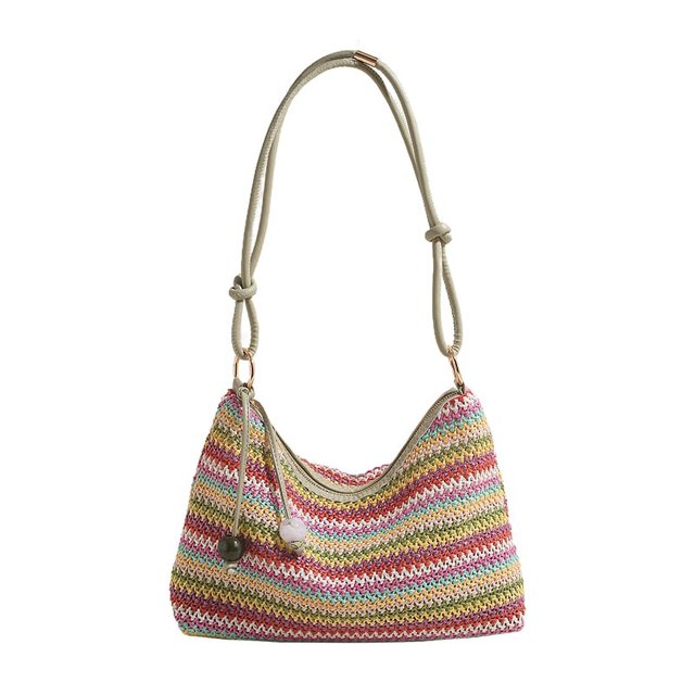 Bolso de playa de paja arcoíris, bolso de hombro de verano a rayas, bolso tejido para las axilas para mujer