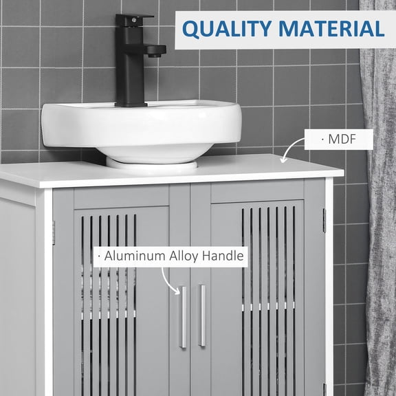 Living Room Cabinets kleankin Modern Under Sink Cabinet with 2 Doors, Pedestal Under Sink Bathroom Cupboard, Bathroom Vanity Cabinet with Adjustable Shelves, Gray and White,Metal Cabinets