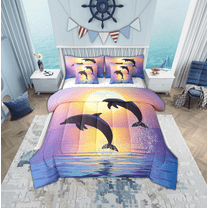 Erosebridal Couple Dolphin Bedding, Romantic Sunset Bed in a Bag, Ocean Animal Reversible Bed Set, Lightweight Room Decoration, 7pcs