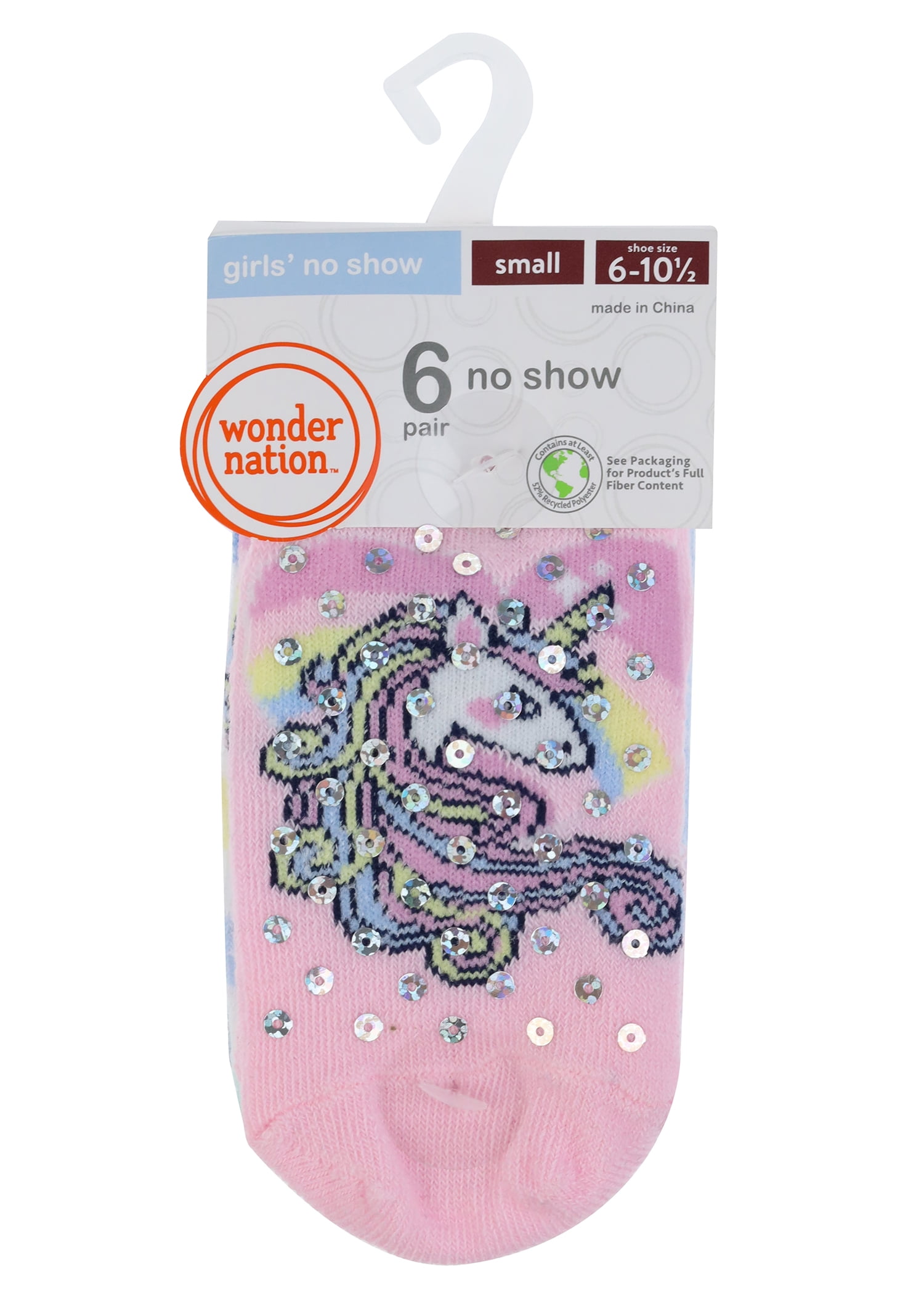 Wonder Nation Girls No Show Socks, 6-Pack, Sizes S-L