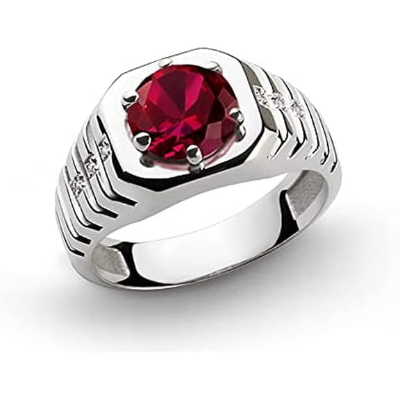 Divine Creation 1.20 Ct Round Cut Red Ruby Wedding Engagement Band Pinky Ring 14K White Gold Plated 925 Sterling Silver For Men's -6