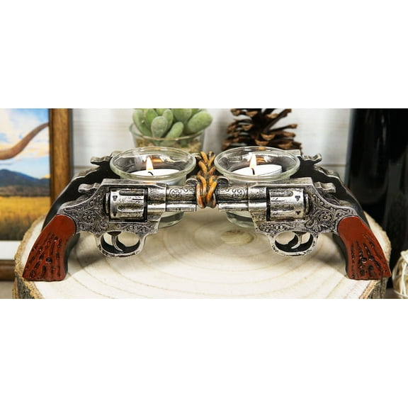 Rustic Western Outlaw Dual Revolver Pistol Guns Tea Light Votives Candle Holder