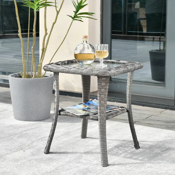 Vcatnet Outdoor Contemporary Quick to Install Stainless steel and PE Rattan End Table, Gray