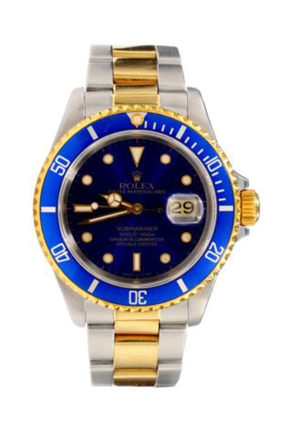 Pre-Owned Mens Rolex Two-Tone 18K/SS Submariner Watch Blue Dial 16613