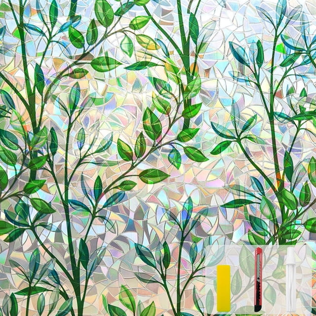 Película de privacidad para ventanas QhySunshine Stain Glass Leaf Rainbow